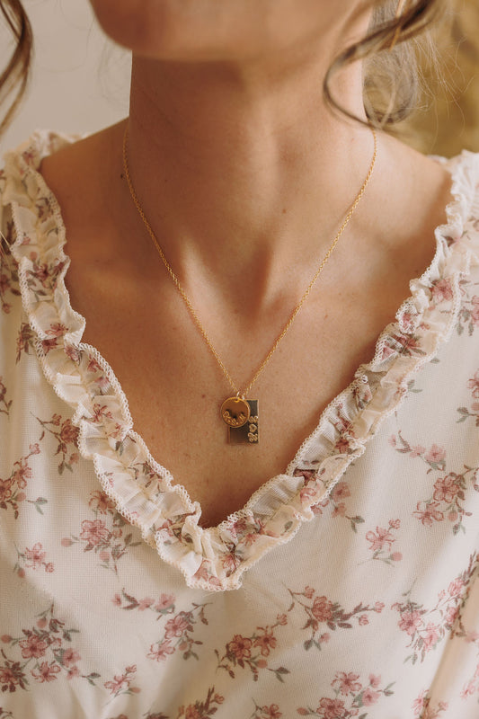 Dual Story Necklace – Rectangle & Disc Hand Stamped Pendant