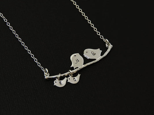 Personalized Mother's Necklace. Silver Bird Family Necklace. Baby Birds. Family Initial Necklace. Family Bird. Grandma Mom Gift for Her